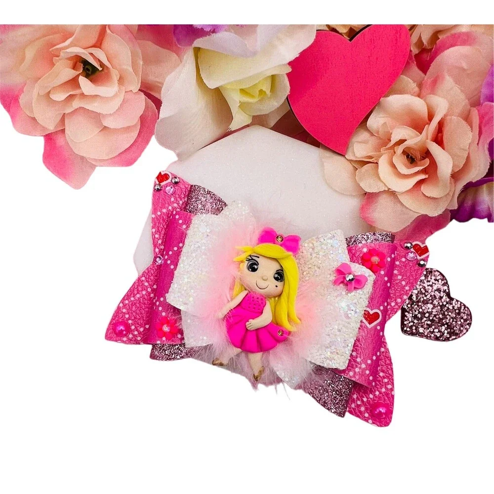 Cute Doll Clay Hair Bow Clips Pink for Girl Handmade